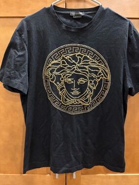 Versace Black Tee with Gold Medusa Label